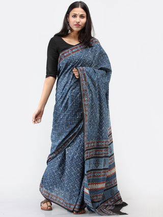 Indigo Red Black Hand Block Printed Cotton Mul Saree - S031704512