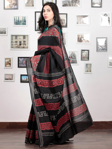 Black Crimson Red Grey Hand Block Printed Cotton Mul Saree   - S031703040