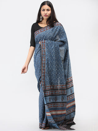 Indigo Red Black Hand Block Printed Cotton Mul Saree - S031704512