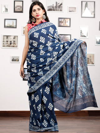 Indigo White Maroon Hand Block Printed Cotton Mul Saree in Natural Colors - S031703178