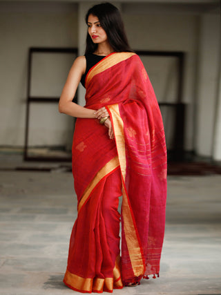 Red Golden Handwoven Linen Jamdani Saree With Zari Border & Tassels - S031703796