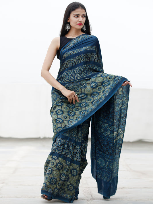 Indigo Fern Green Black Ajrakh Hand Block Printed Modal Silk Saree in Natural Colors - S031703718