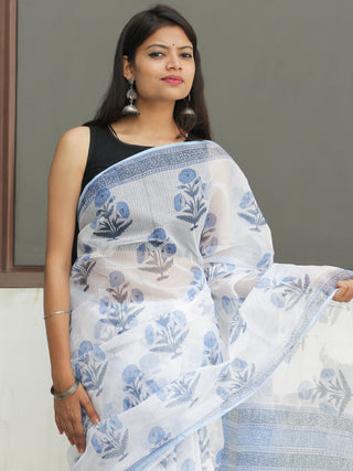 White Light Blue Hand Block Printed Kota Doria Saree  - S031704095