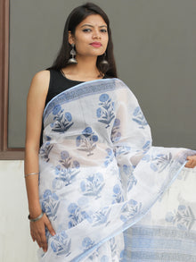 White Light Blue Hand Block Printed Kota Doria Saree  - S031704095