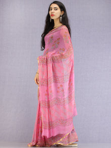 Pink Red Green Hand Block Printed Chiffon Saree with Zari Border - S031704607
