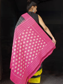 Black Pink Yellow Grey Ikat Handwoven Ganga Jamuna Border Cotton Saree - S031703633