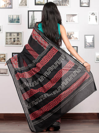 Black Crimson Red Grey Hand Block Printed Cotton Mul Saree   - S031703040
