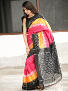 Pink Black Yellow Ikat Handwoven Cotton Saree - S031704050