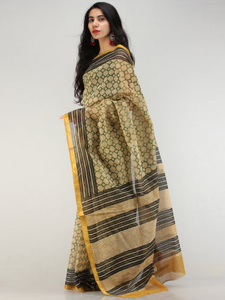 Green Beige Black Hand Block Printed Kota Doria Saree With Zari Border - S031704572