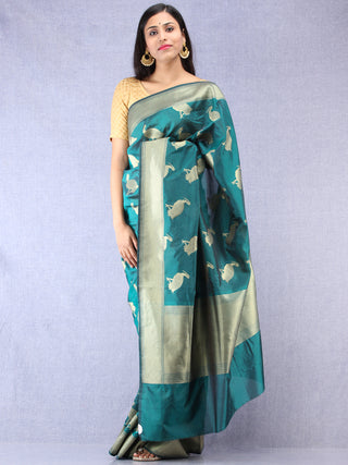Banarasee Art Silk Saree With Bird Motif - Green & Gold - S031704331