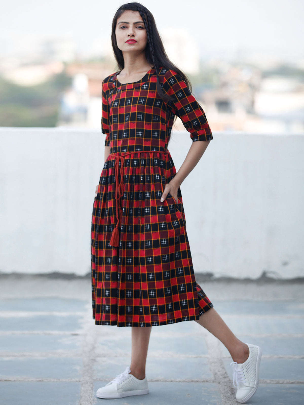 CHECK BOARD - Handwoven Double Ikat  Dress With Tassels - D332F822