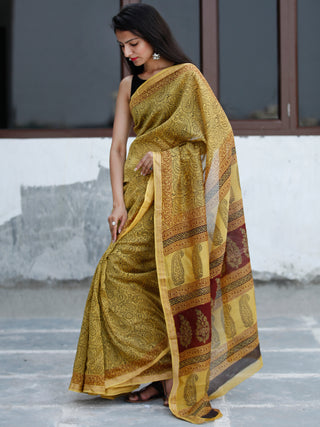 Yellow Maroon Black Bagh Hand Block Printed Maheswari Silk Saree With Resham Border - S031703848