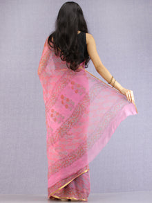 Pink Red Green Hand Block Printed Chiffon Saree with Zari Border - S031704607