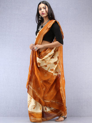 Mustard Ivory Hand Block Printed Maheshwari Silk Saree With Zari Border - S031704525