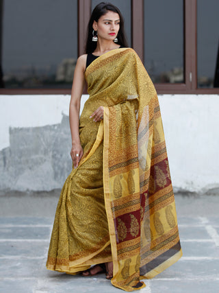 Yellow Maroon Black Bagh Hand Block Printed Maheswari Silk Saree With Resham Border - S031703848