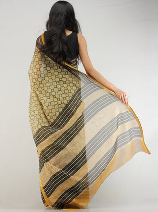 Green Beige Black Hand Block Printed Kota Doria Saree With Zari Border - S031704572