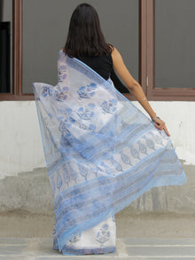 White Light Blue Hand Block Printed Kota Doria Saree  - S031704095