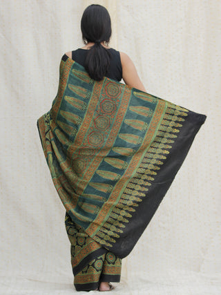 Black Green Red Ajrakh Hand Block Printed Modal Silk Saree - S031704136