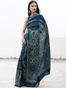 Indigo Fern Green Black Ajrakh Hand Block Printed Modal Silk Saree in Natural Colors - S031703718
