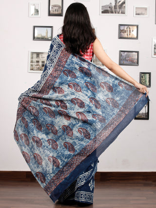 Indigo White Maroon Hand Block Printed Cotton Mul Saree in Natural Colors - S031703178