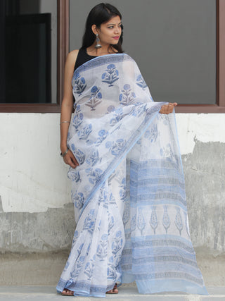 White Light Blue Hand Block Printed Kota Doria Saree  - S031704095