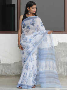 White Light Blue Hand Block Printed Kota Doria Saree  - S031704095