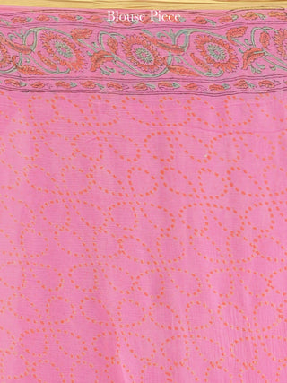 Pink Red Green Hand Block Printed Chiffon Saree with Zari Border - S031704607