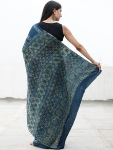 Indigo Fern Green Black Ajrakh Hand Block Printed Modal Silk Saree in Natural Colors - S031703718