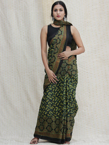 Black Green Red Ajrakh Hand Block Printed Modal Silk Saree - S031704136