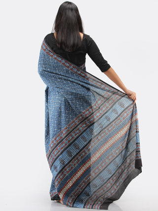 Indigo Red Black Hand Block Printed Cotton Mul Saree - S031704512