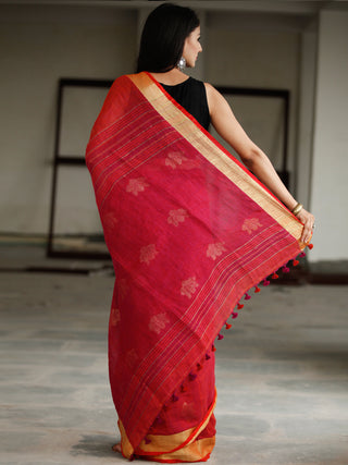 Red Golden Handwoven Linen Jamdani Saree With Zari Border & Tassels - S031703796