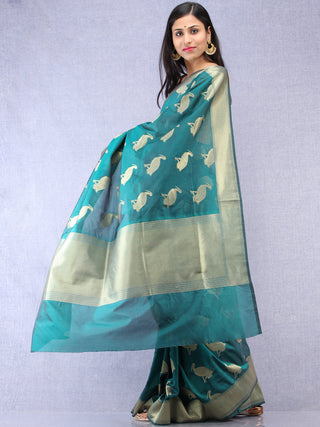 Banarasee Art Silk Saree With Bird Motif - Green & Gold - S031704331