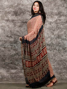 Ivory Red Indigo Black Hand Block Printed Chiffon Saree with Zari Border - S031703215