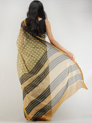 Green Beige Black Hand Block Printed Kota Doria Saree With Zari Border - S031704572