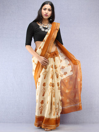 Mustard Ivory Hand Block Printed Maheshwari Silk Saree With Zari Border - S031704525