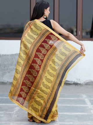 Yellow Maroon Black Bagh Hand Block Printed Maheswari Silk Saree With Resham Border - S031703848