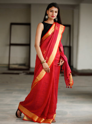 Red Golden Handwoven Linen Jamdani Saree With Zari Border & Tassels - S031703796