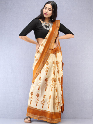 Mustard Ivory Hand Block Printed Maheshwari Silk Saree With Zari Border - S031704525