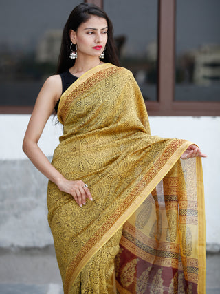 Yellow Maroon Black Bagh Hand Block Printed Maheswari Silk Saree With Resham Border - S031703848
