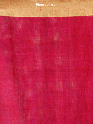 Red Golden Handwoven Linen Jamdani Saree With Zari Border & Tassels - S031703796