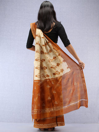 Mustard Ivory Hand Block Printed Maheshwari Silk Saree With Zari Border - S031704525