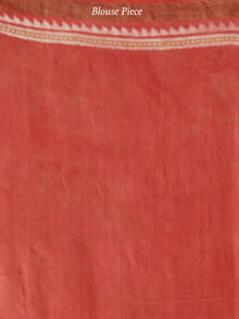 Dark Peach Ivory Hand Block Printed Handwoven Linen Saree With Zari Border - S031703798