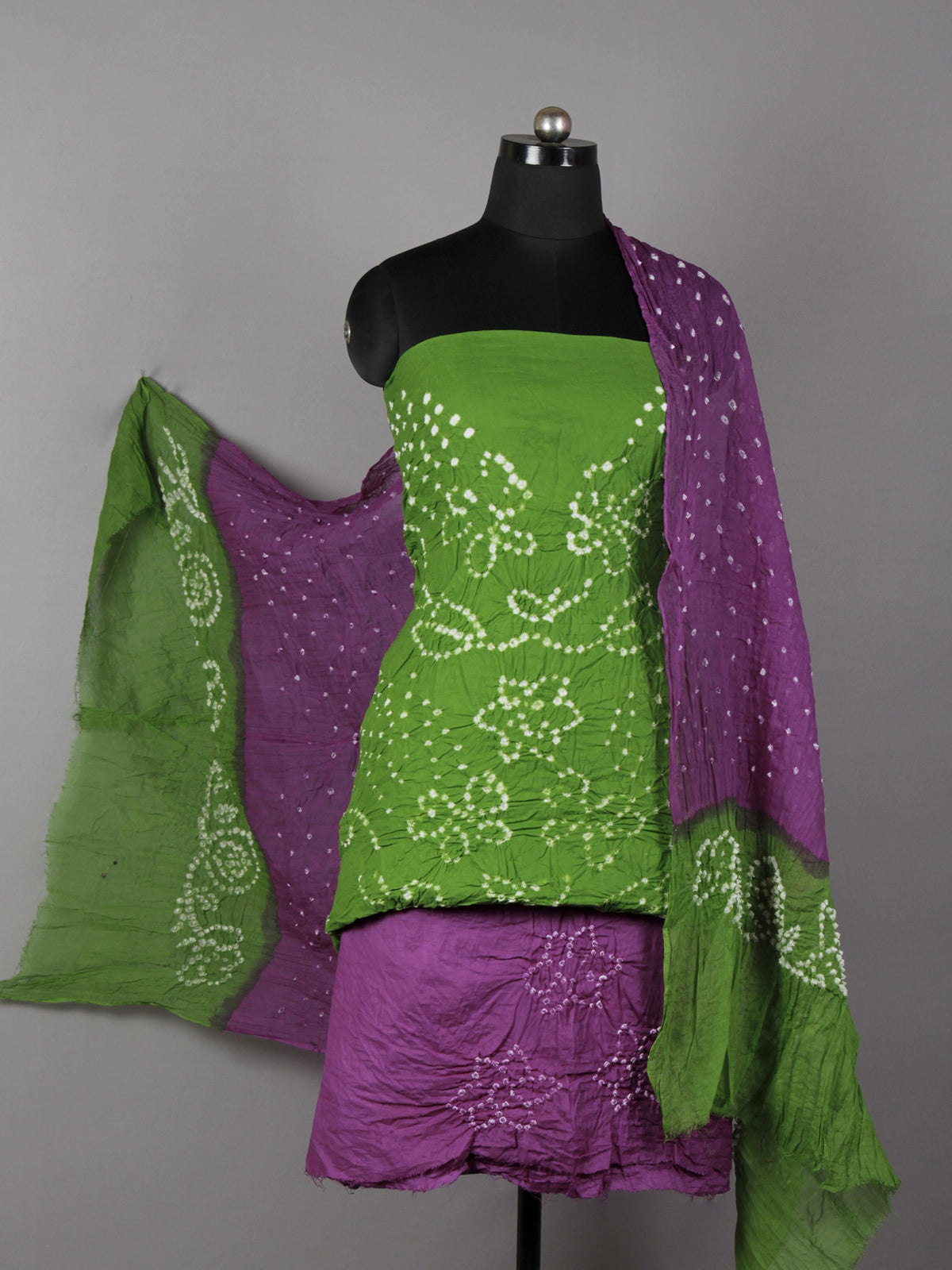 Green Purple White Hand Tie & Dye Bandhej Suit Salwar Dupatta (Set of 3)  - S16281264
