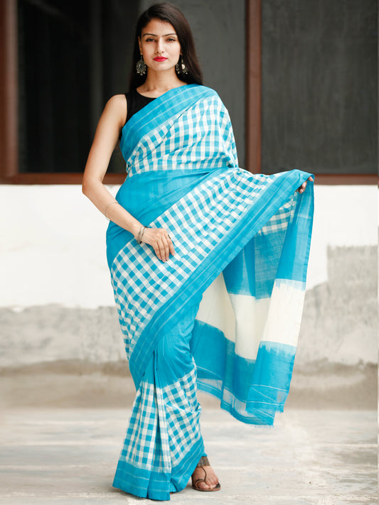 Sky Blue White Ikat Handwoven Cotton Saree - S031704052