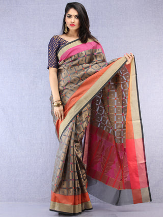 Banarasee Super Net Saree With Zari Border - Grey Pink & Antique Gold - S031704429