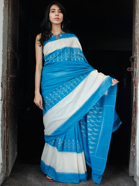 Sky Blue White Ikat Handwoven Mercerised Cotton Saree - S031703535