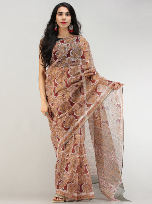 Maroon Mustard Grey Hand Block Printed Kota Doria Saree  - S031704574