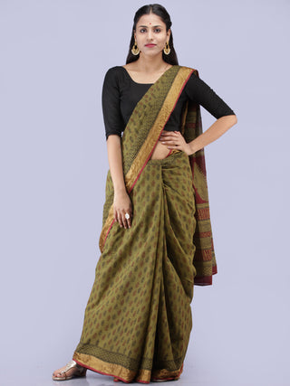 Olive Green Maroon Black Bagh Printed Maheshwari Cotton Saree - S031704249