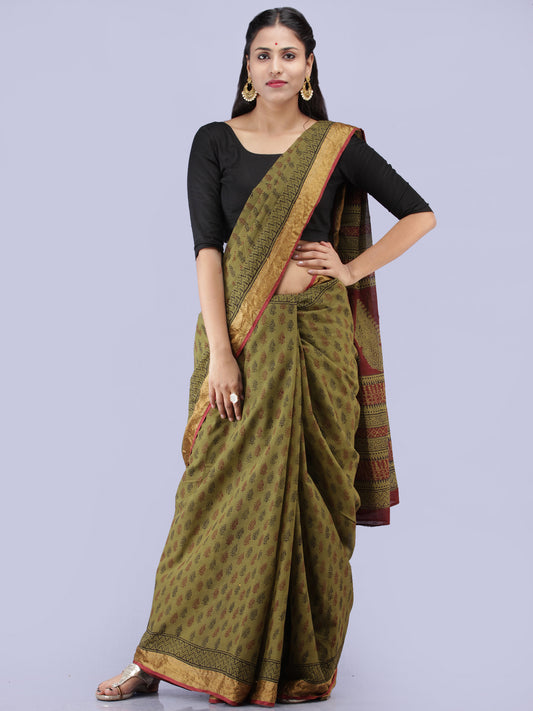 Olive Green Maroon Black Bagh Printed Maheshwari Cotton Saree - S031704249