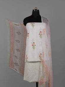 Ivory Green Orange Hand Block Printed Cotton Suit-Salwar Fabric With Chiffon Dupatta (Set of 3) - S16281302